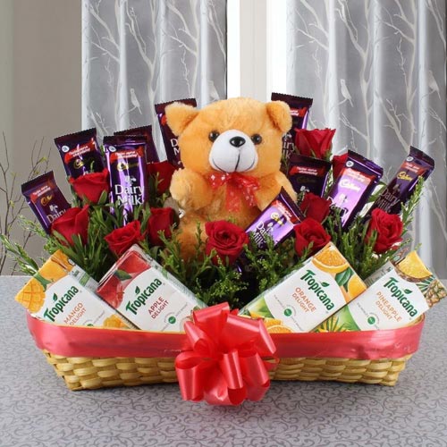 Wonderful Basket of Chocolates with Fruit Juice N Teddy
