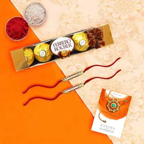 4 pcs Ferrero Rocher Chocolate Pack with 2 Rakhis and Roli Tilak Chawal