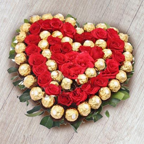 Heart Shaped Ferrero Rocher n Red Roses Arrangement