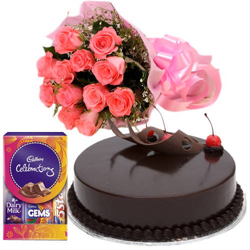 Cadbury Celebrations Pack with Chocolate Cake N Pink Roses