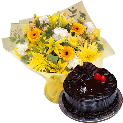 Combo of Bakery Fresh Choco Truffle Cake & Mixed Flowers Bouquet