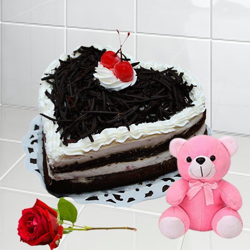 Tasty Heart Shaped Black Forest Cake with Teddy N Rose