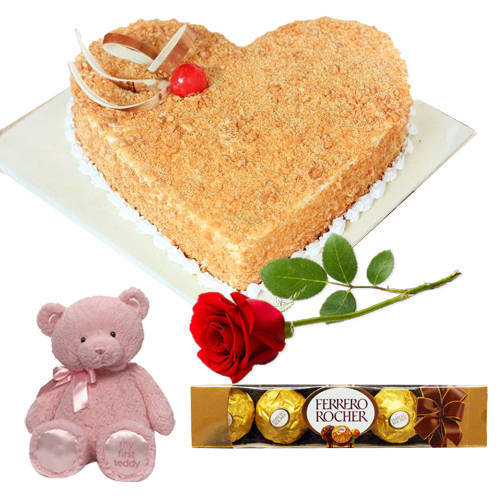 Red Rose with Ferrero Rocher Teddy N Butter Scotch Cake