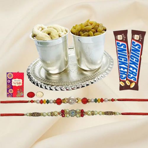 Delicious Dry Fruits Hamper in Silver Plated Glasses and Tray with Snickers