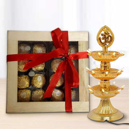 Ferrero Rocher Chocolates in Wooden Diwali Gift Box n 3 Tier LED Lamp