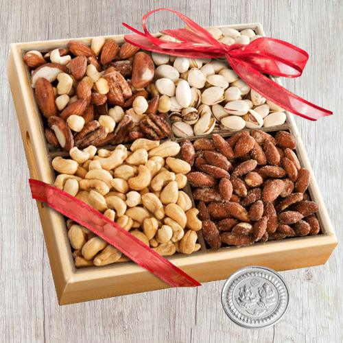 Exclusive Wooden Tray of Assorted Premium Salted Dry Fruits, Free Coin for Diwali