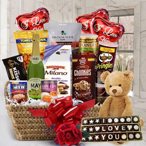 Exquisite Gourmet Delight Gift Hamper with Balloons, Teddy N Rose