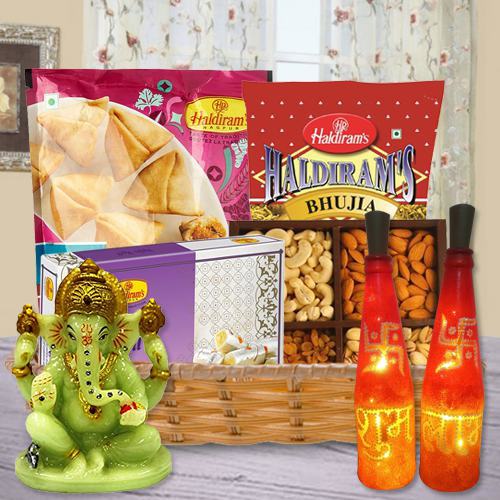 Awesome LED Lighting Subh Labh Bottle Lamp Set with Haldiram Sweets n Snacks Glowing Ganesh Idol