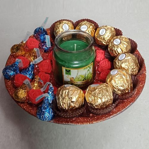 Tasty Assorted Chocolates, Aroma Candles N Decorative Flowers Gift Tray