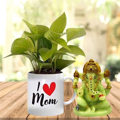 Classy Money Plant in Personalized Mug with Glowing Ganesha