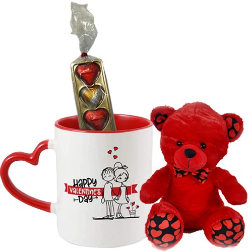 Romantic Gift of Red Teddy with Printed Coffee Mug N Handmade Chocolates