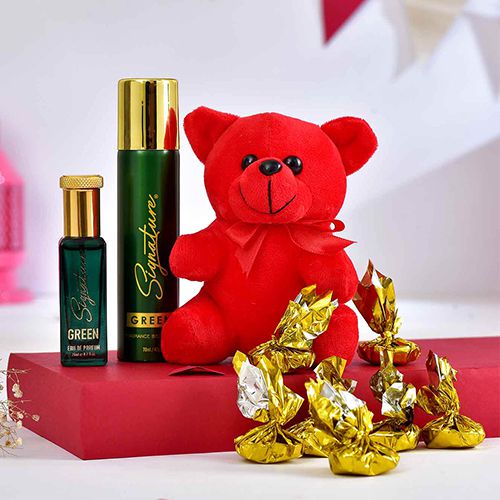 Teddy Hugs with Fragrance N Chocolates Hamper