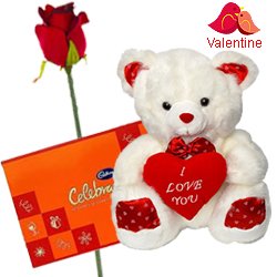 Cadburys Celebration Pack with a silk rose and  A 12 inch Cute Teddy Bear.