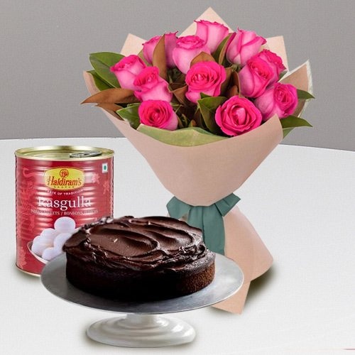 Combo of Pink Roses and Haldiram Rasgulla with Eggless Chocolate Cake