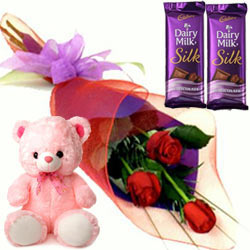 Teddy with Chocolates N Red Roses