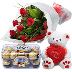 Luxury Ferrero Roacher with Fresh Rose Bouquet and Teddy