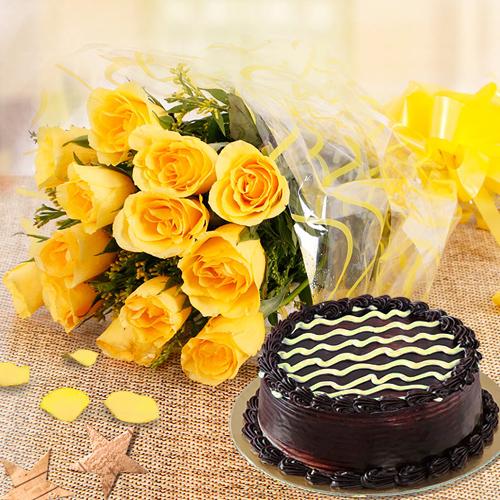 Chocolate Cake with Yellow Roses Combo