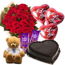 Chocolates with Balloons Teddy Red Roses N Cake