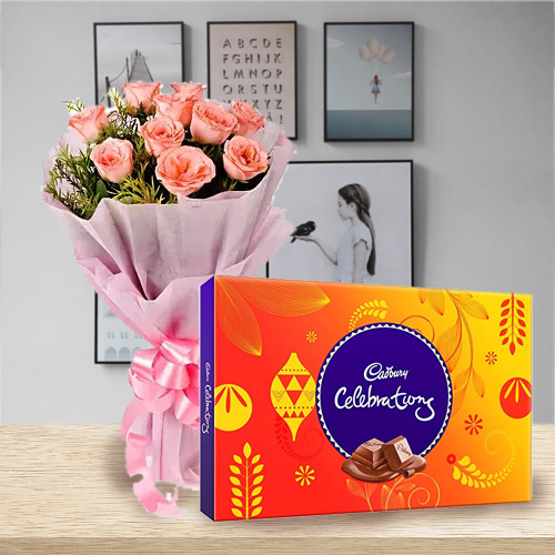 Special Combo of Pink Rose Bouquet with Cadbury Celebrations Pack