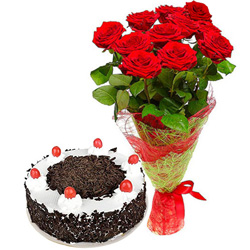 Charming Red Rose Bouquet with Black Forest Cake