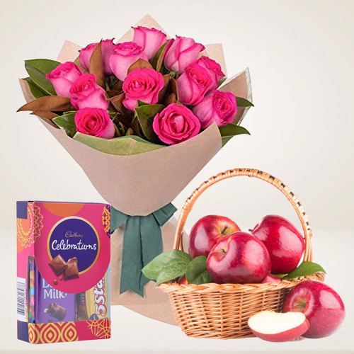 Beautiful Pink Roses Bunch with Apples Basket and Cadbury Mini Celebrations Pack