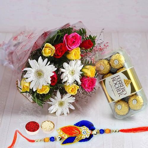 Ferrero Rocher Chocolates n Rakhi with Mixed Flower Bouquet