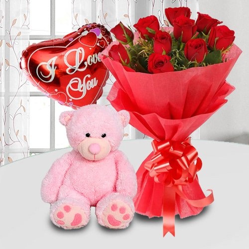 Exquisite Gift of Roses Teddy Bear and Balloons