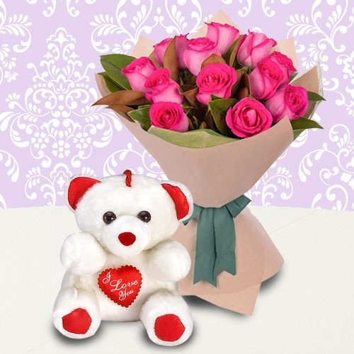 Beautiful Pink Roses Bunch with a Teddy Bear with Happiness