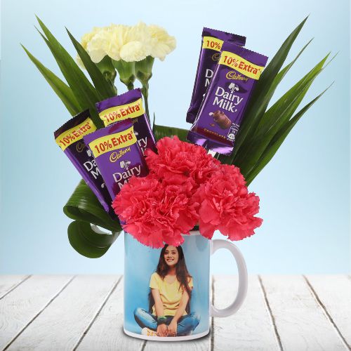 Romantic Choice of Personalized Mug Full of Mixed Carnations n Cadbury Chocolate