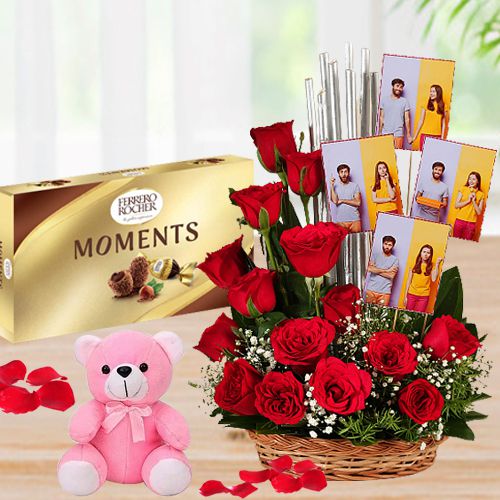 Lovely Red Roses N Personalized Photos Arrangement with Soft Teddy n Ferrero Moments
