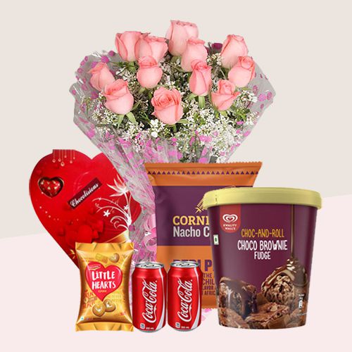 Lovely Goodies Hamper with Roses N Kwality Walls Ice Cream