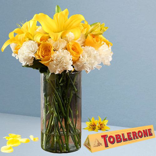 Season of Love Mixed Flowers in Vase with Toblerone
