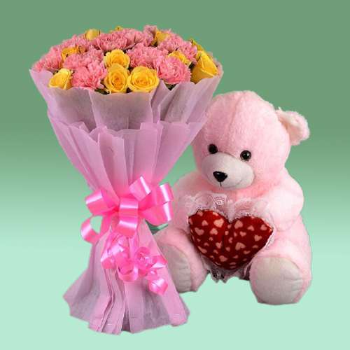 Charming Yellow Roses n Pink Carnation Bouquet with Cute Teddy
