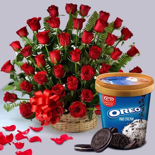 Elegant Basket of 100 Red Roses with Kwality Walls Oreo Ice Cream