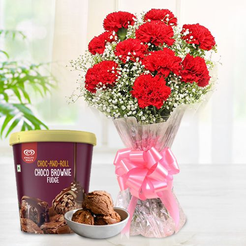 Blooming Red Carnations Bouquet with Choco Brownie Fudge Ice Cream from Kwality Walls