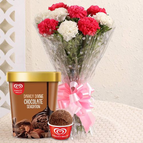 Magical Assorted Carnations Bouquet with Chocolate Ice-Cream from Kwality Walls
