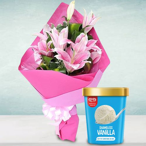 Fabulous Pink Lilies Bouquet with Vanilla Ice Cream from Kwality Walls