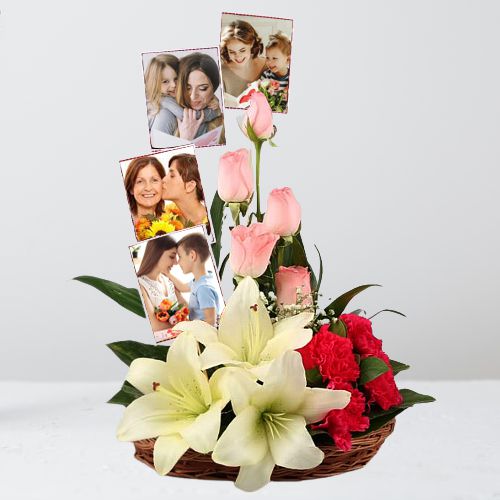 Exclusive Mixed Flowers N Personalized Photos Basket