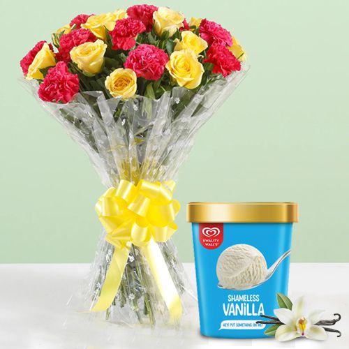 Beautiful Arrangement of Mixed Flower with Vanilla Ice Cream from Kwality Walls