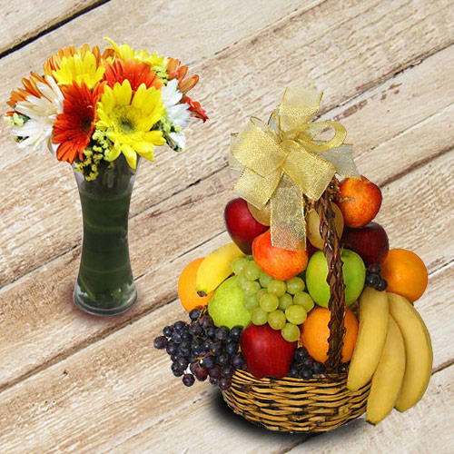 Marvelous Fresh Fruits Basket with Gerberas