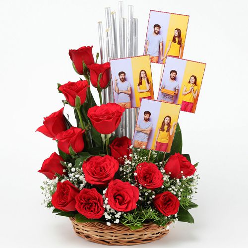 Magnificent Display of Red Roses n Personalized Pics in Basket