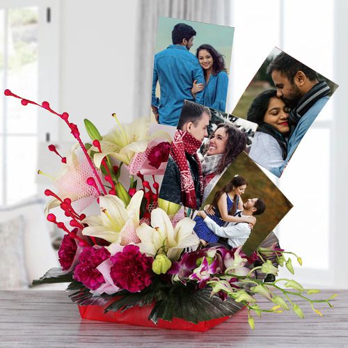 Lovers Basket of Personalized Picture n Mixed Flowers