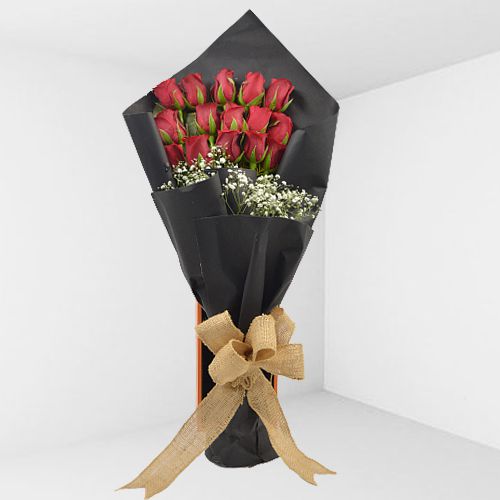 Beautiful Red Roses Bouquet in Black Tissue Wrap