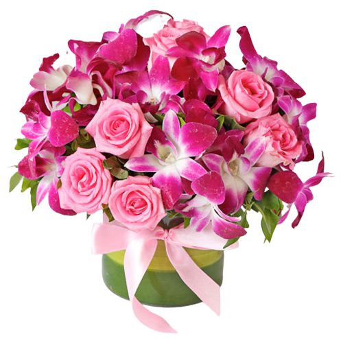 Exotic Pink Roses N Purple Orchids Arrangement
