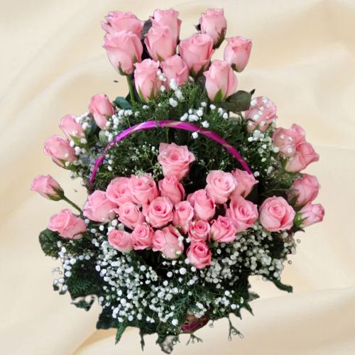 Dreamy Pink Roses with Daisies Basket Arrangement