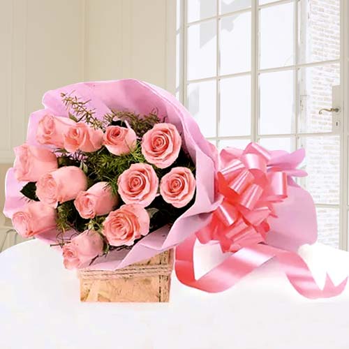 12 Pink Roses Bouquet Tissue Wrap