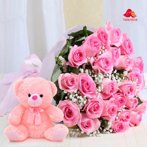 12 Pink Roses Bunch with 6 inch Teddy