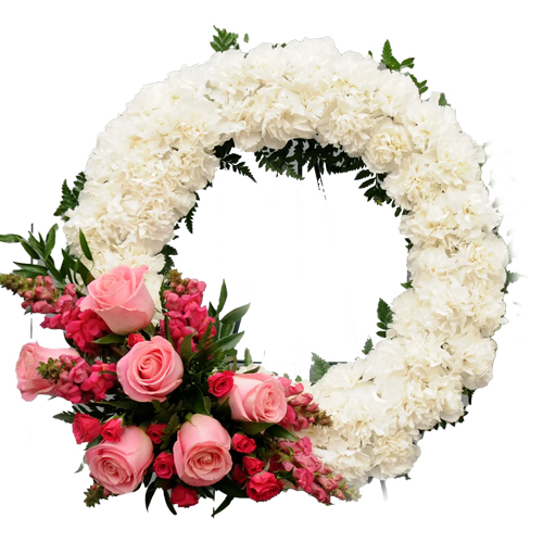 Pleasant Wreath of Pink Roses and White Carnations