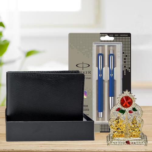 Classy Parker Pen Set with a Rich Borns Black Leather Wallet n Laxmi Ganesh Mandap