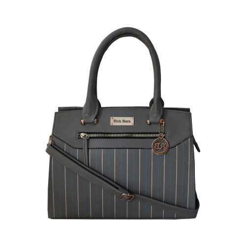 Grey Handle Striped Front Design Ladies Bag